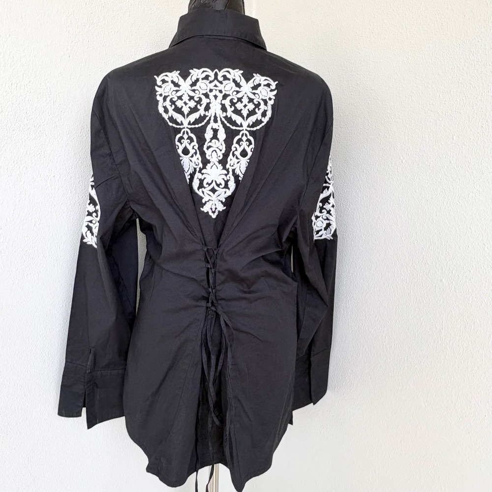 Azita Jeans Embroidered Cotton-Poplin Button-Down Shirt Womens XL Black Corset